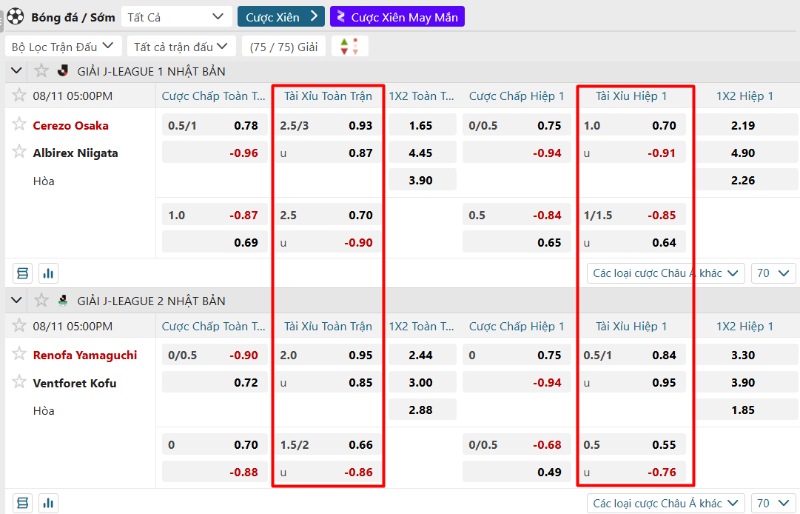 Tỷ lệ O/U trên bảng cược đa dạng